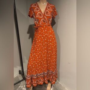 Elegant Orange Floral Boho Wrap Maxi Dress